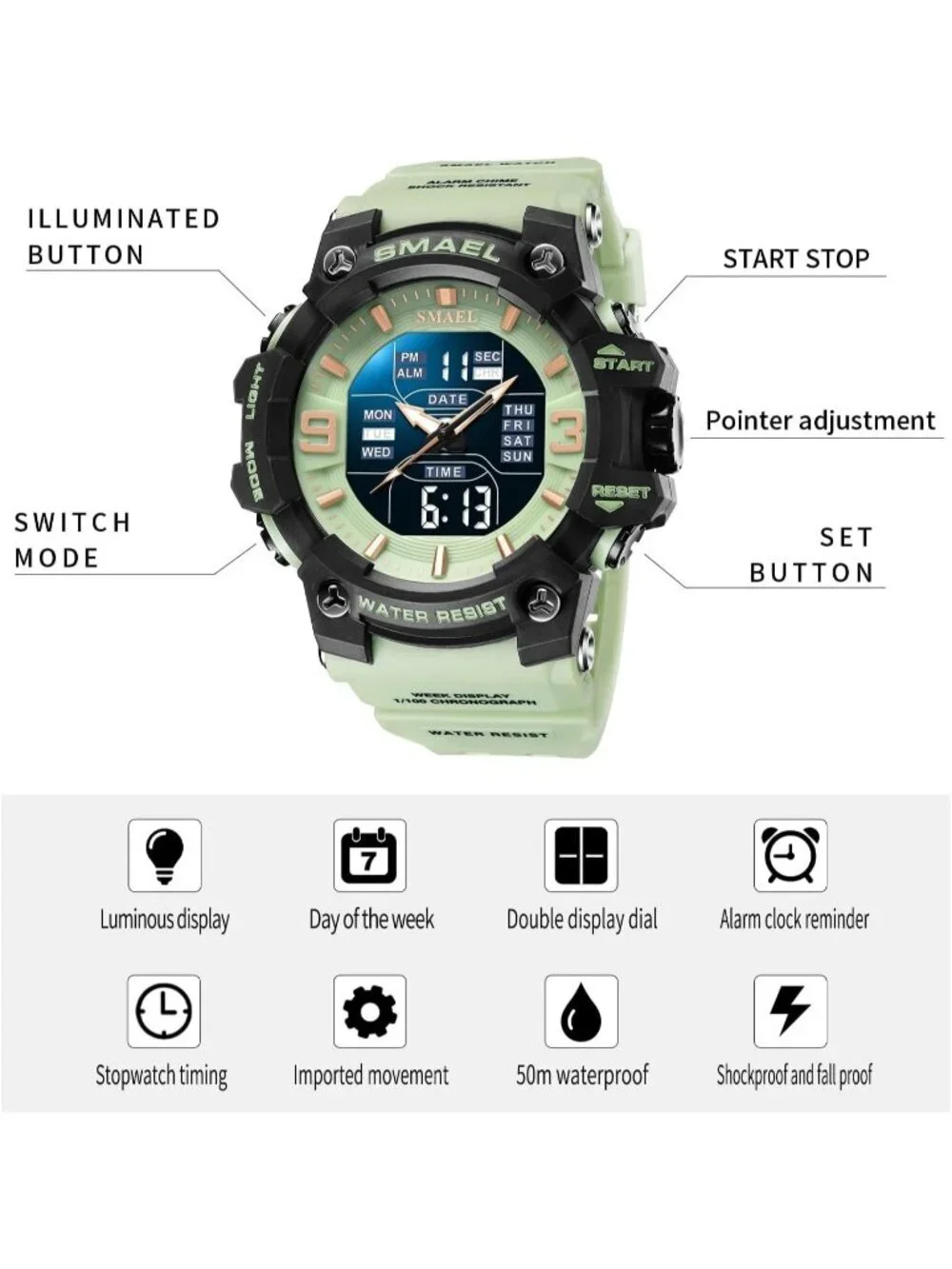Men's Grass Green Analog Quartz Luminous Waterproof LED Electronic Digital Watch